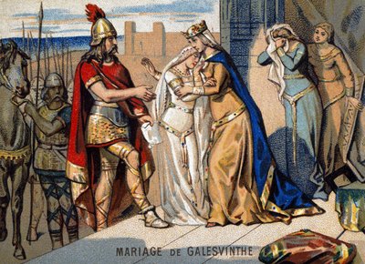 Marriage of Galeswinthe (567): leaving Galeswinthe to marry Chilperic, head of the Neustrians Francs. Chromolithography of the series 