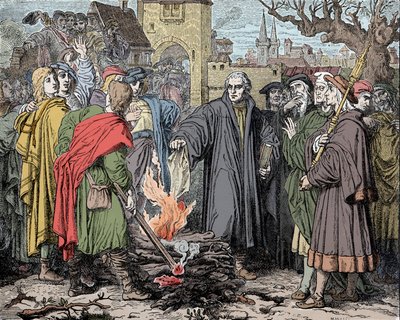 Martin Luther burns the bubble of excommunication made by Pope Leon X by Unknown artist