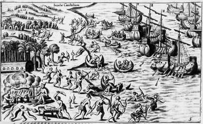 Meeting between the people of Christopher Columbus and the Cannibals - in 