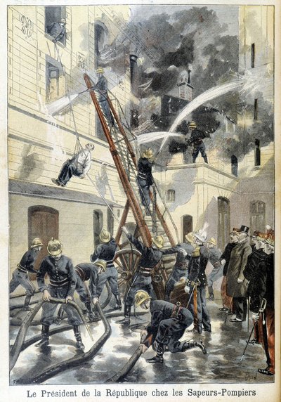 Meeting of the President of the Republic Felix Faure, with the Firefighters During an Intervention Against a Fire. Illustration of the “small newspaper” of 1898 by Unknown artist