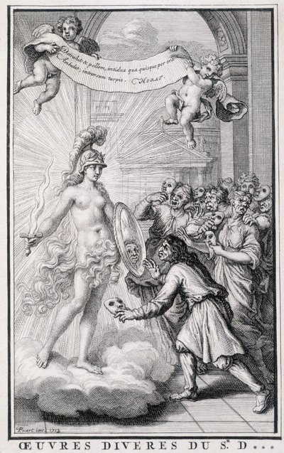 Men looking at themselves without their masks in front of the mirror of the allegory of truth. Engraving of the 18th century by Unknown artist