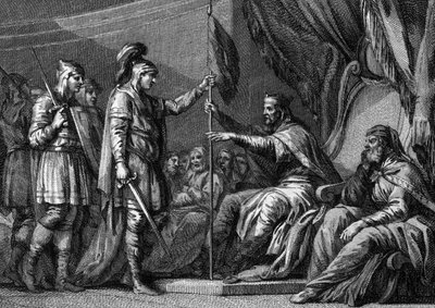 Merovingian period: a mayor of the palace (dignitary of the kingdom) took the oath before taking office. He swears to the bishops and lords of the region to retain their respective rights. Engraving of the 18th century by Unknown artist