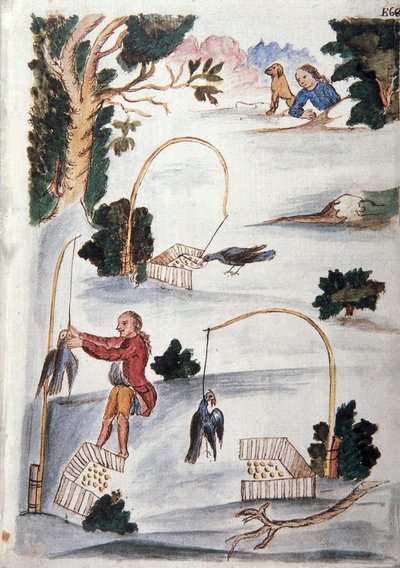 Method to catch birds in lasso, from the book "Trujillo del Peru" or "Códice Martínez Compañón", by Baltazar Martinez Compañón y Bujanda, bishop of Trujillo (1782-1785) by Unknown artist