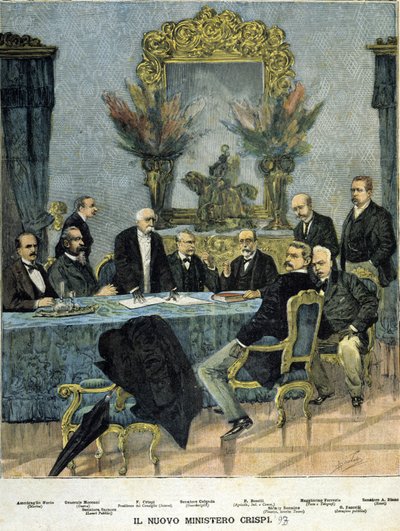 Ministers of the new Crispi government: from left to right Admiral Morin, General Mocenni, Francesco Crispi, Senator Calenda, P. Boselli, Sidney Sonnino, Maggiorino Ferraris, G. Faccelli and Senator A. Blanc by Unknown artist