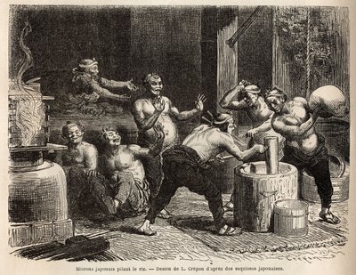 Mitrons pounding rice, before it is brewed to make rice beer. Engraving to illustrate the voyage to Japan, by Aime Humbert, minister of the Swiss Confederation, in 1863-1864, published in Le tour du monde 1869, edited by Edouard Charton, edition Hachette by Unknown artist