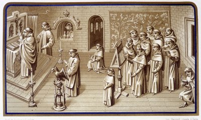 Monks in a Chapel of the Monastery: Prayer and Choir. Grisaille of the Miracles of Our Lady. Chromolithography. 19th century by Unknown artist
