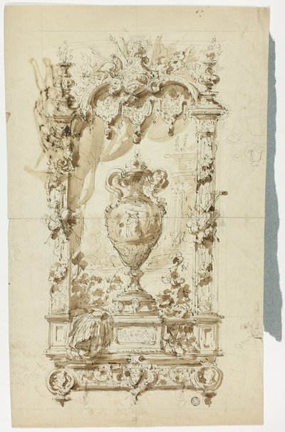 Monumental Vase in Ornamental Frame; Sketch of Standing Man with Parasol and Parrot, and Architectural Studies by Unknown artist