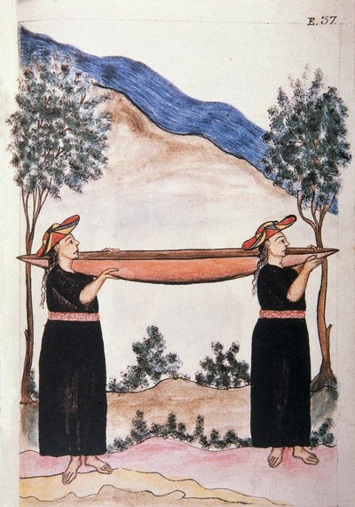 Moyobamba Indians wearing their canoe, from the book "Trujillo del Peru" or "Códice Martínez Compañón", by Baltazar Martinez Compañón y Bujanda, bishop of Trujillo (1782-1785) by Unknown artist