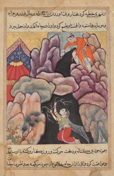 Mukhtar throws his wife Maimuna into the pit, but she saves herself, from Tales of a Parrot: Twenty-fifth Night by Unknown artist