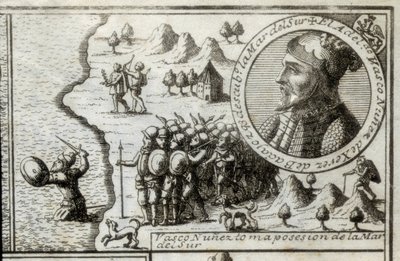 Nunez de Balboa, Vasco (1475-1517). English Discoverer and Conqueror. Spain. Spanish Colonization (1513). Vasco Nunez Taking Possession of the Southern Sea. Picture of 1728. Engraving. by Unknown artist