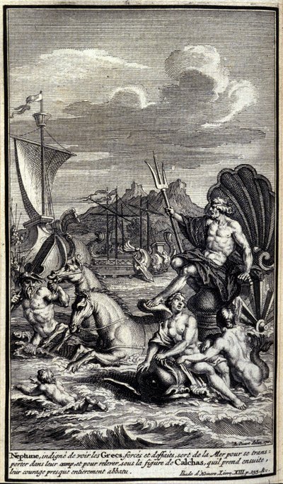 Neptune, unworthy of seeing the Greeks forces and deeds, leaves the sea to transport himself to their camp, and to raise up under the figure of Calchas which he then takes, their courage almost entirely destroyed. Illustration of book XIII of the Iliad of  by Unknown artist
