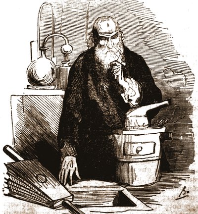 Nicolas Flamel (1330 - 1418) in his laboratory. by Unknown artist