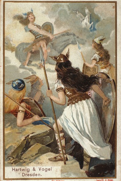 Nordic mythology: The Valkyries (virgin warriors) in Valhalla and the fall of warriors in battle. Chromolithograph of the 19th century by Unknown artist