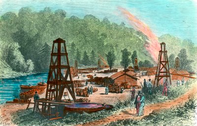 Oil wells at Tarr Farm in Pennsylvania, USA. Engraving of the 19th century by Unknown artist