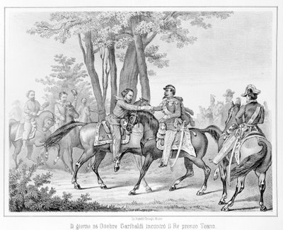 On 26 October 1860, Giuseppe Garibaldi met King Victor Emmanuel II near Teano. Engraving of the 19th century by Unknown artist