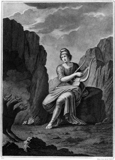 Orpheus at the Entrance of the Underworld meets Cerberus. Lithography. 19th century by Unknown artist