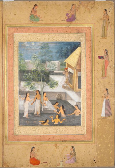 Page from the Late Shah Jahan Album: Harem Night-Bathing Scene (recto) by Unknown artist