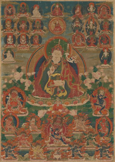 Painted Banner of Sage Guru Padmasambhava Seated Holding a Thunderbolt and Skull Cup by Unknown artist