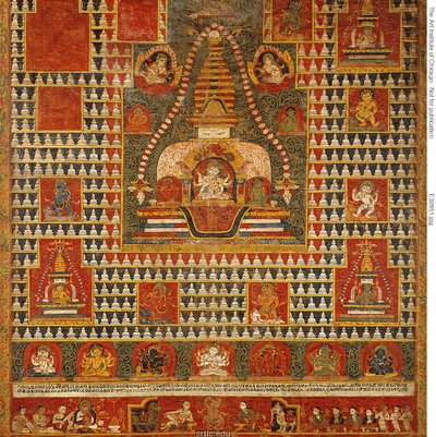 Painted Banner of Goddess Ushnishavijaya Within a Funerary Mound and Surrounded by Chaityas by Unknown artist