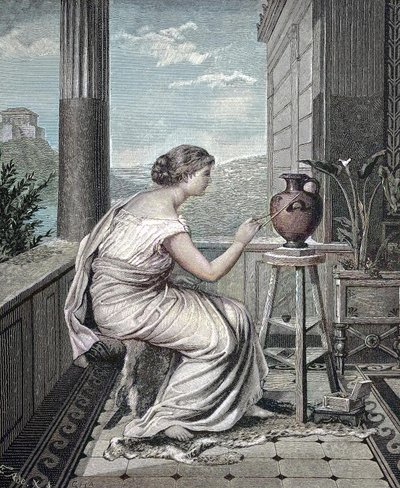 Painter, Artist, Young Greek Woman Painting a Vase, Historical, Digital Reproduction of an Original 19th Century Artwork by Unknown artist