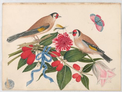 Pair of Brown Birds with Blossoms, Berries, and a Butterfly by Unknown artist