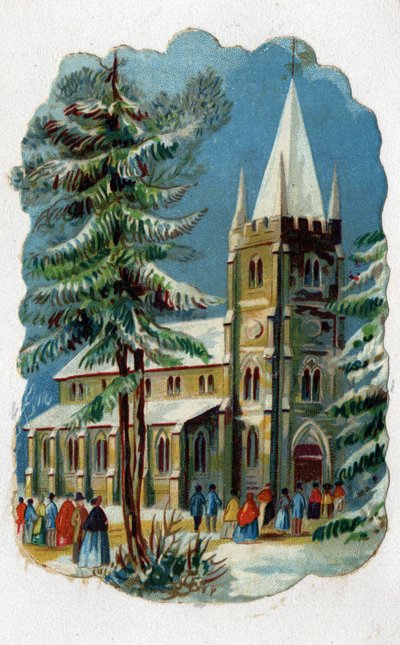 Parishioners going to a church for Sunday Mass. Chromolithography around 1890 by Unknown artist