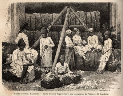 Parsi dealers and merchants at the Bombay cotton market. Engraving to illustrate the voyage in the meridional provinces of India, by Alfred Grandidier, in 1862-1864, published in 