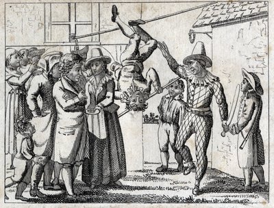 Party in the village: games and disguises. Engraving late 18th century. Private collection. by Unknown artist
