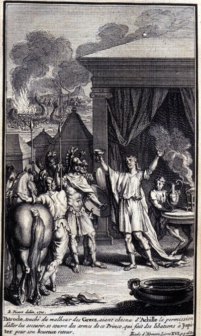 Patroclus, touches the misfortune of the Greeks, having obtained permission from Achilles to go and rescue them, covers himself with the weapons of this prince, who makes libations to Jupiter for his happy return. Illustration of book XVI of the Iliad by Unknown artist