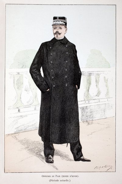 Peace officer, winter dress (Lepine period). Eau forte en couleurs, for illustration 