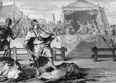 Pepin the Short proves his courage by fighting a lion and a bull in an arena, 751 (18th century engraving) by Unknown artist