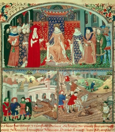 Philippe the Bel trunant (1268-1314) with plowing scene and merchant scene. Miniature in 