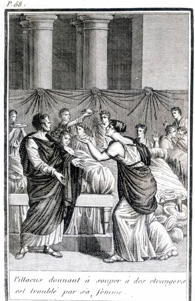 Pillacus giving dinner to strangers is troubled by his wife by Unknown artist