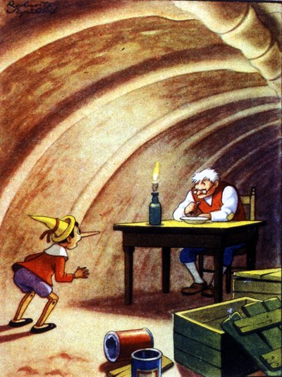 Pinocchio finds his father in the belly cave of a huge fish. Illustration of Carlo Collodi