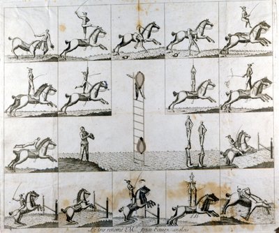 Plate of 19 prints depicting the prowess of the English voltiger Mr Price. Circa 1790. by Unknown artist