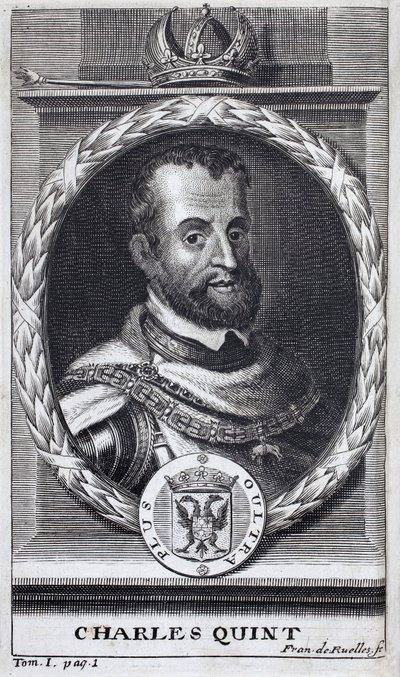 Portrait of Charles V, King of Spain and Spanish America, King of Sicily and Emperor of the Holy Roman Empire Germanic. Engraving to illustrate History of the War of Flanders, by Flamianus Strada, edition Joseph T