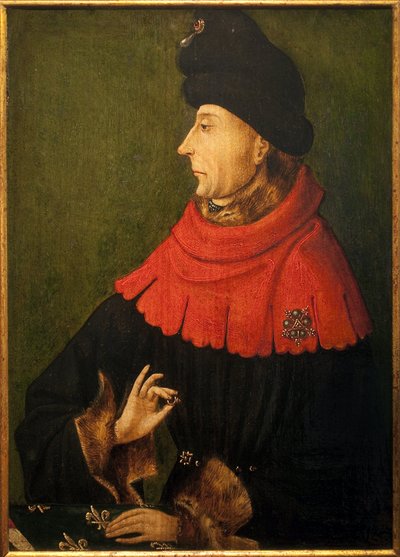 Portrait of Jean Sans Peur, Duke of Burgundy (1371-1419). The ring that he holds in his hand is the ruby of Burgundy bought by Philip the Bold in 1397, which was preserved at the abbey of Saint Benigne in Dijon and handed over by the abbot to every new duk by Unknown artist