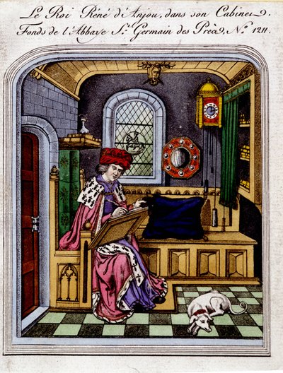 Portrait of King Rene of Anjou (1409-1480), Also Called Rene I of Naples or Rene of Sicily, in His Cabinet - Engraving After a Miniature by Unknown artist