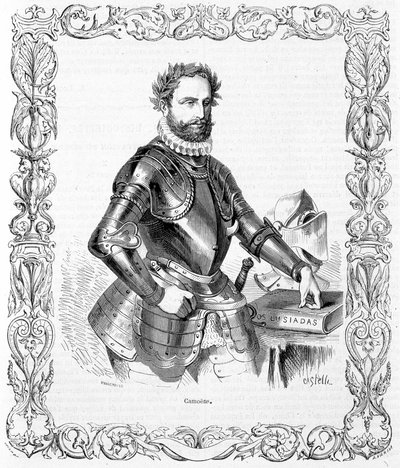 Portrait of Luis de Camoens in armor - engraving by Unknown artist