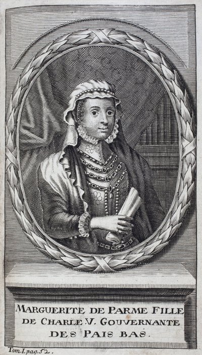 Portrait of Margarita of Parma, Duchess of Parma and Piacenza, natural daughter of Charles V and governess of the Netherlands from 1559-1581. Engraving to illustrate History of the War of Flanders, by Flamianus Strada, edition Joseph T