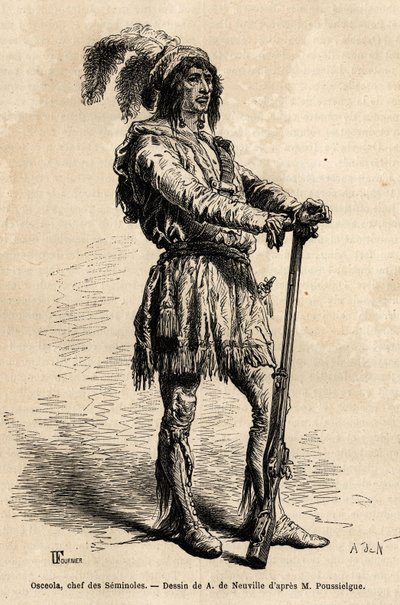 Portrait of Osceola (1804-1838), leader of seminoles, at the head of the Indian resistance against the United States during the Florida War (1835-1842). Engraving to illustrate the story four months in Florida, by Achille Pousselgue in 1851-1852, published by Unknown artist