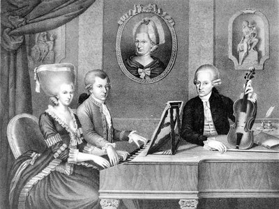 Portrait of Wolfgang Amadeus Mozart between his father and mother. Lithograph of the 19th century. by Unknown artist