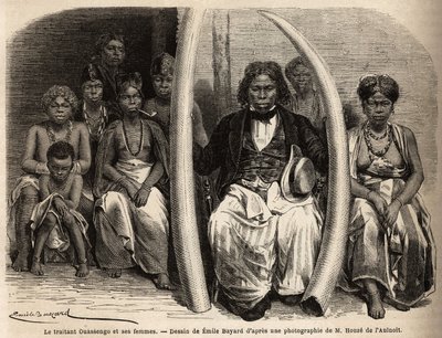 Portrait of an African ivory merchant with his wives. Drawing by Emile Bayard, to illustrate the journey to Gabon, in 1861-64, of Doctor Griffon du Bellay. Engraving in 