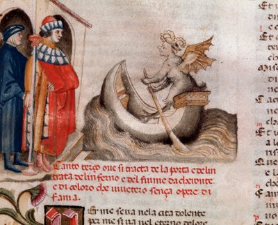 Portrait of italian poet Dante Alighieri looking at Charon his boat crossing the Acheron with the souls (song 3 from Hell, in the Divine Comedy) - miniature 15th century by Unknown artist