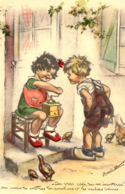 Postcard, Kitsch, Two Children with a Coffee Grinder, Girl and Boy by Unknown artist