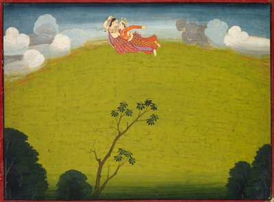 Pradyumna and Mayavati Fly to Dvaraka, from the Large Basohli Bhagavata Purana by Unknown artist
