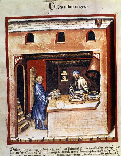 Preparation of marine fish in vinegar. Illumination from the Tacuinum sanitatis by Unknown artist
