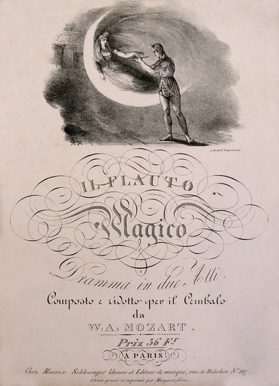 Prince Tamino receives the enchanted flute of the Queen of the Night, cover illustration of the partition book of 