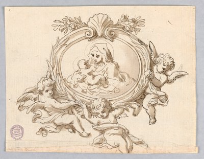 Three Flying Angels Supporting a Broad Oval Frame with the Representation of the Virgin with Child by Unknown artist