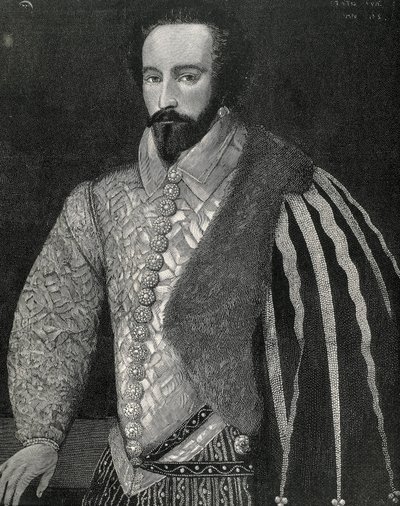 Portrait of Sir Walter Raleigh. Engraved in 1891, executed after an anonymous original that is preserved at the National Portrait Gallery of London (engraving) by Unknown artist